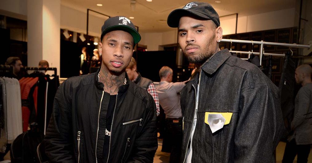 Tyga and Chris Brown attend the Balmain x H&M Los Angeles VIP Pre-Launch