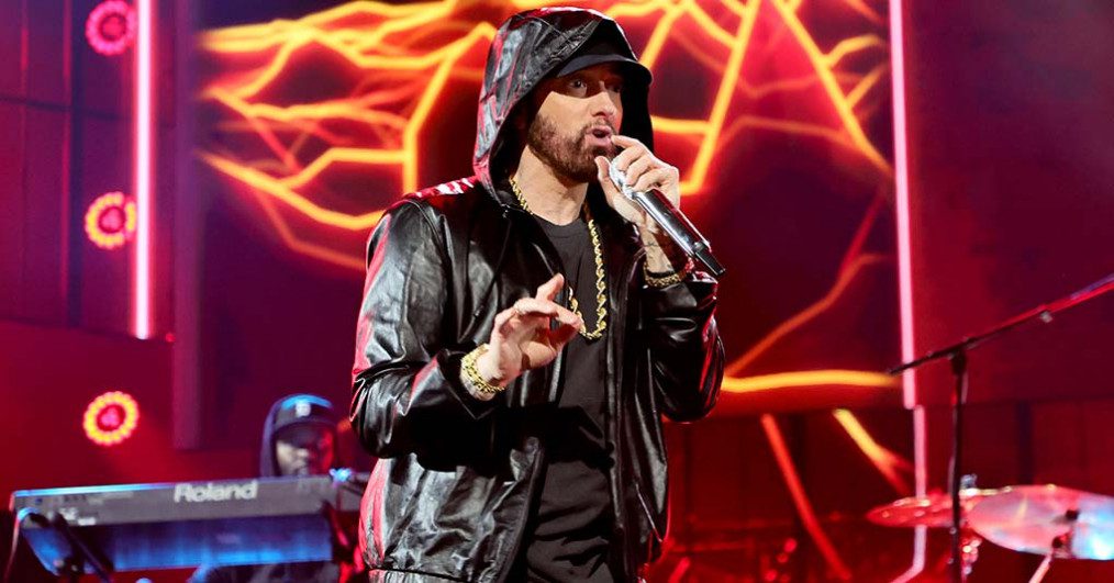 Eminem performs onstage during the 37th Annual Rock & Roll Hall of Fame Induction Ceremony